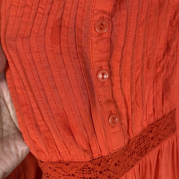 Old Navy Coral Orange Midi Dress w/ Slip M Pintuck Pleat Embroidery Boho Peasant - Picture 5 of 16
